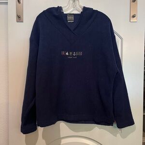 Navy Blue fleece “Cape Cod” V-neck hooded pullover sweatshirt. GUC!